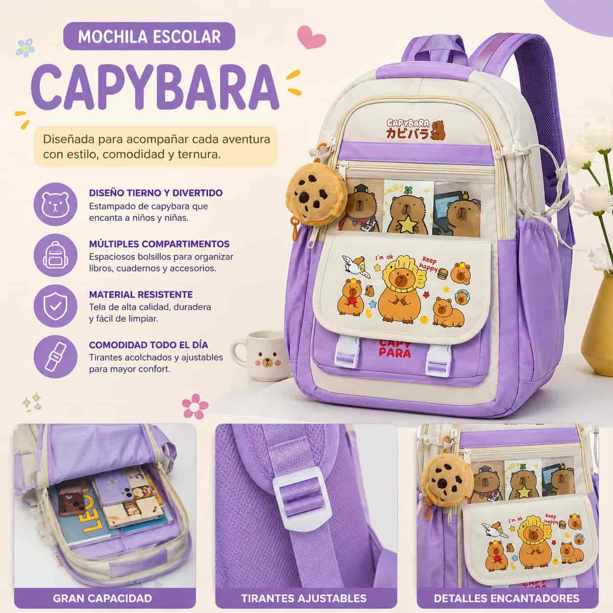 MOCHILA MOCHILA ESCOLAR CAPIBARA- AMPLIA, COMODA Y RESISTENTE - Imagen 1